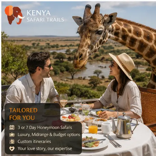 Couple enjoying breakfast beside a giraffe during a romantic honeymoon Kenya safari experience